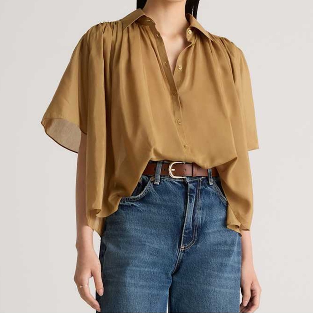 Quince Pecan Boxy Silk Satin Blouse size large - Picture 2 of 13